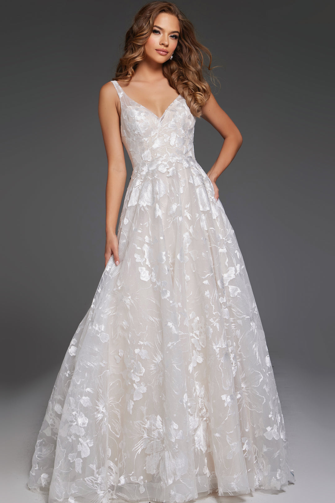 Jovani JB37434 Lace Ball Gown Wedding Dress with V Neckline - FOSTANI.com
