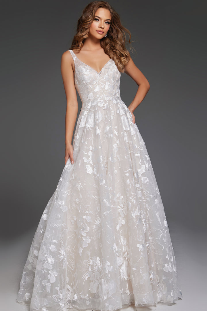 Jovani JB37434 Lace Ball Gown Wedding Dress with V Neckline - FOSTANI.com