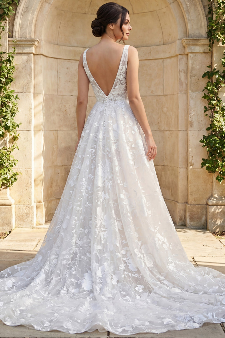 Jovani JB37434 Lace Ball Gown Wedding Dress with V Neckline - FOSTANI.com