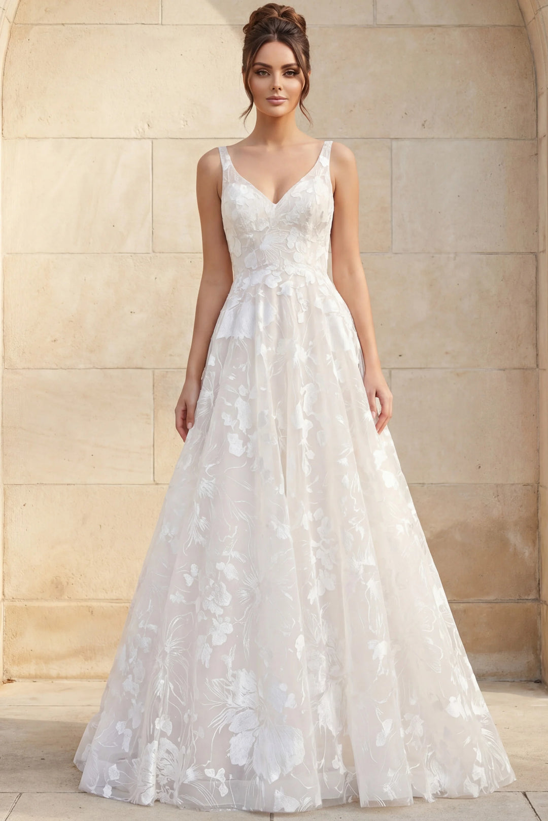 Jovani JB37434 Lace Ball Gown Wedding Dress with V Neckline - FOSTANI.com