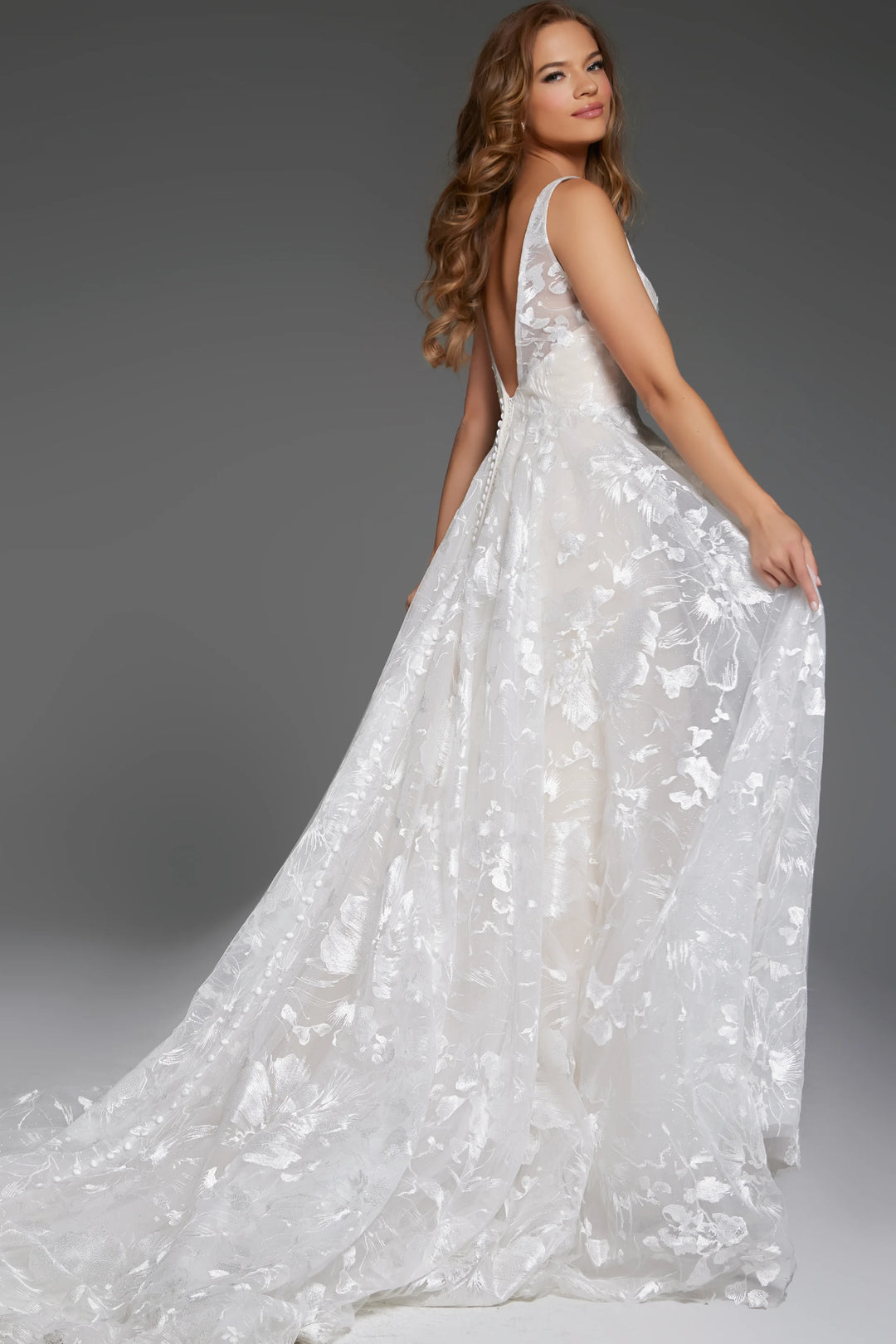 Jovani JB37434 Lace Ball Gown Wedding Dress with V Neckline - FOSTANI.com