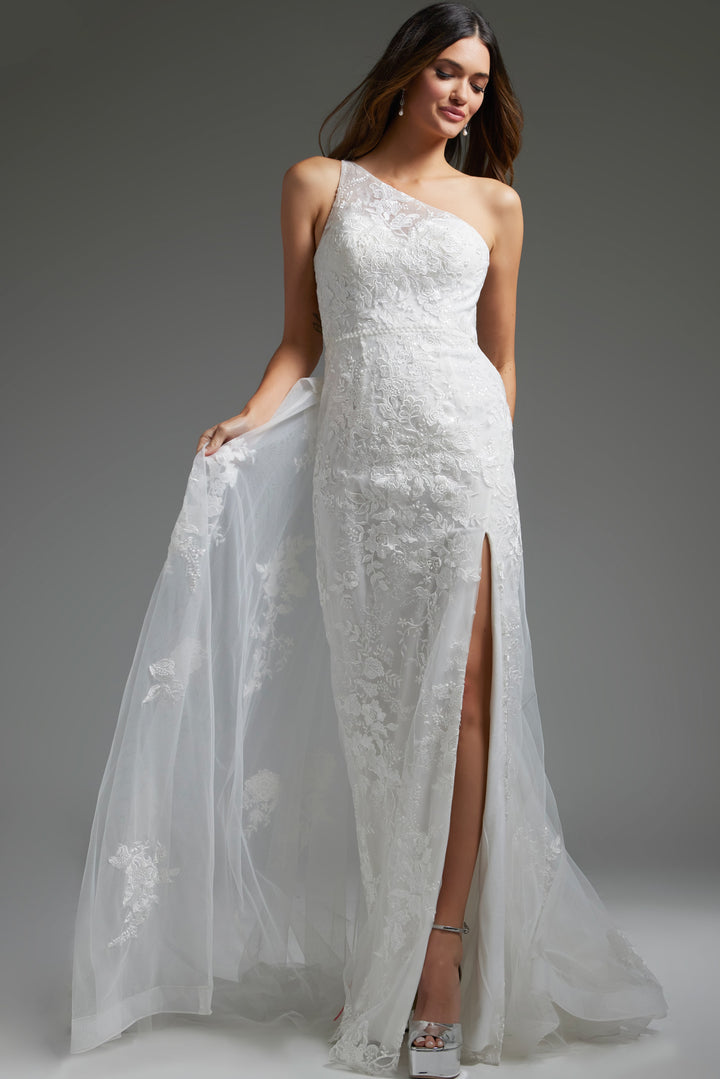 Jovani JB37601 White One Shoulder High Slit Bridal Dress - FOSTANI.com
