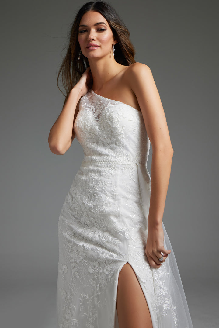 Jovani JB37601 White One Shoulder High Slit Bridal Dress - FOSTANI.com