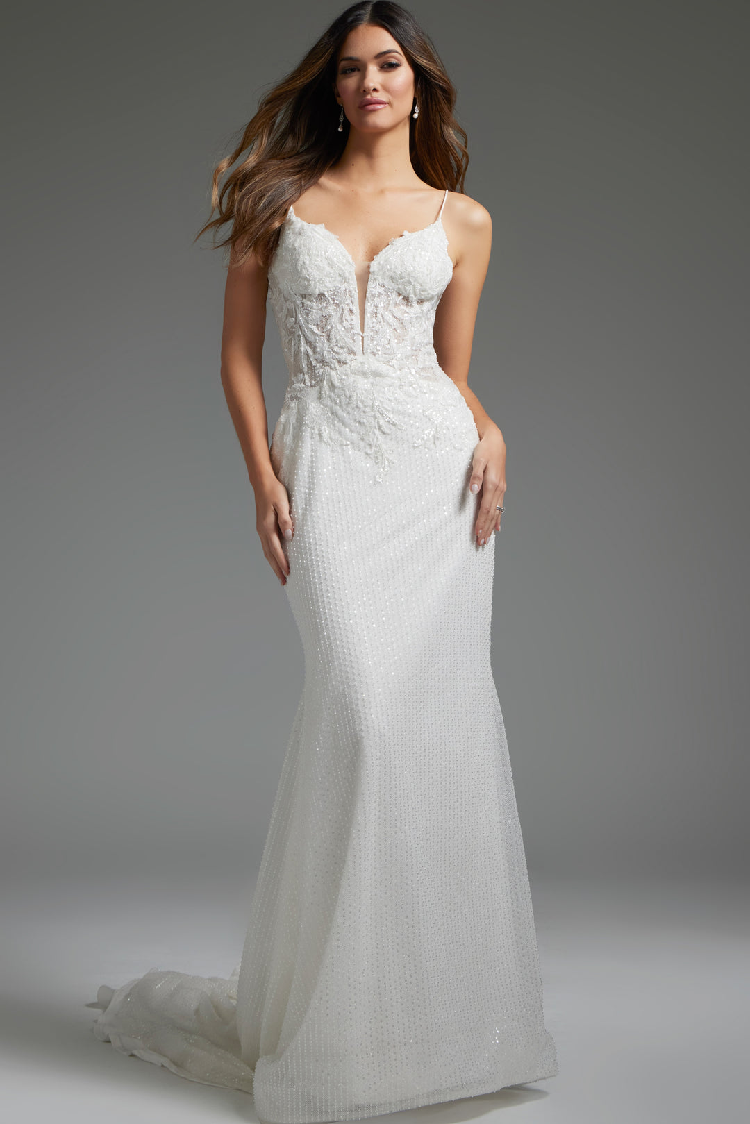 Jovani jb40639 V Neckline Beaded White Bridal Gown - FOSTANI.com