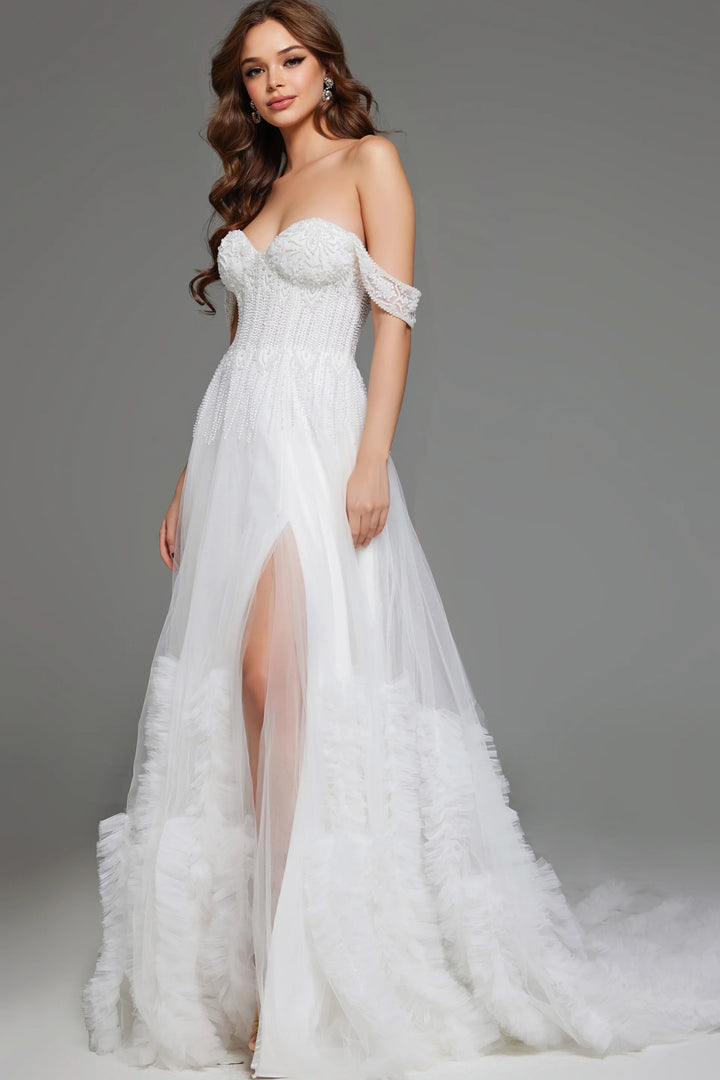 Jovani JB41159 Off the Shoulder Bridal Gown with Tulle Skirt and Beaded Corset