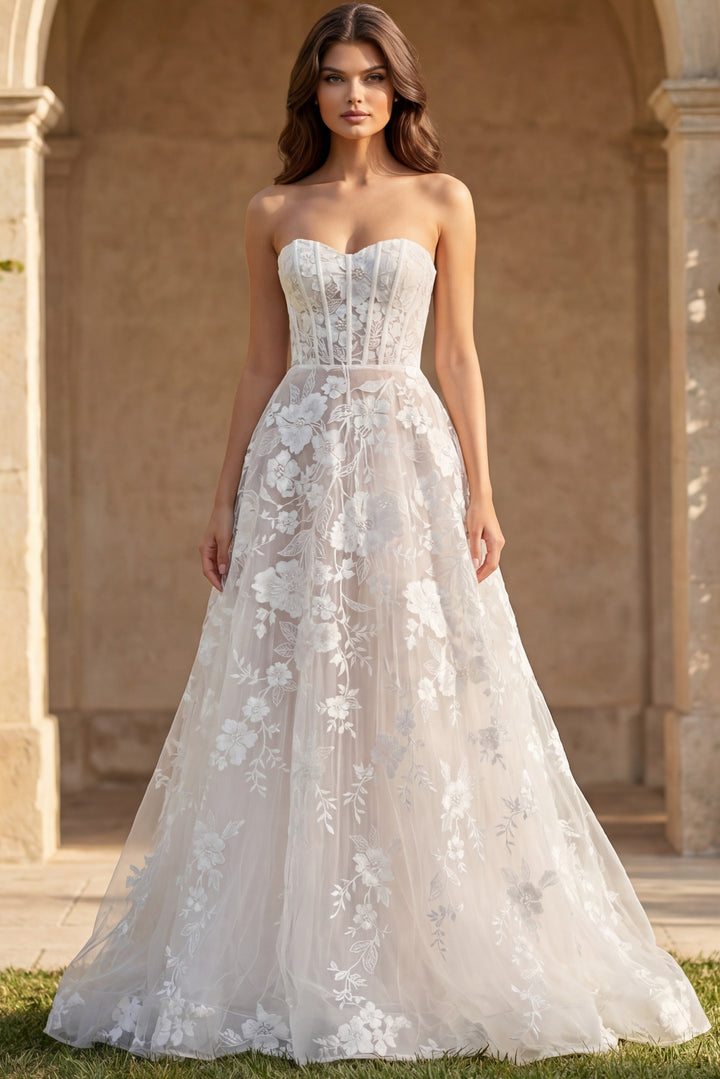 Jovani JB42148 Strapless Floral Lace Bridal Gown with Corset Bodice - FOSTANI.com