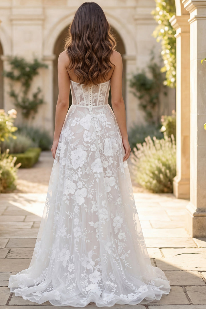 Jovani JB42148 Strapless Floral Lace Bridal Gown with Corset Bodice - FOSTANI.com