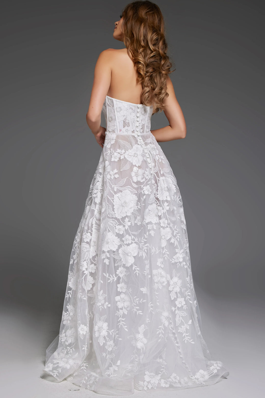 Jovani JB42148 Strapless Floral Lace Bridal Gown with Corset Bodice - FOSTANI.com