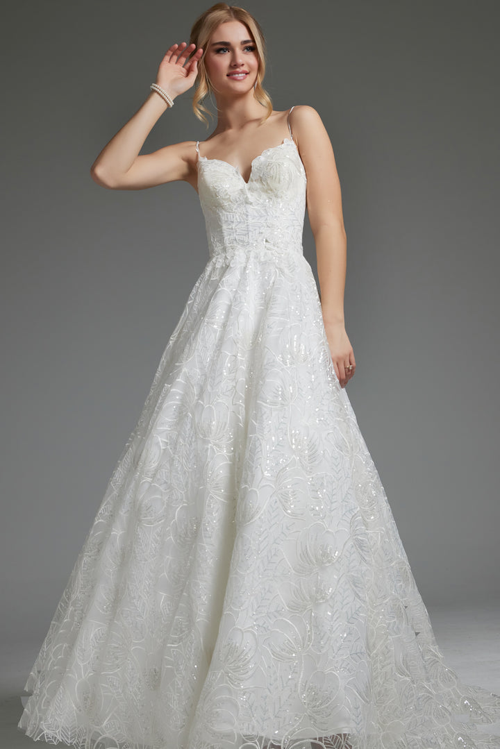 Jovani JB422225 Ivory Embellished Spaghetti Straps Bridal Gown - FOSTANI.com