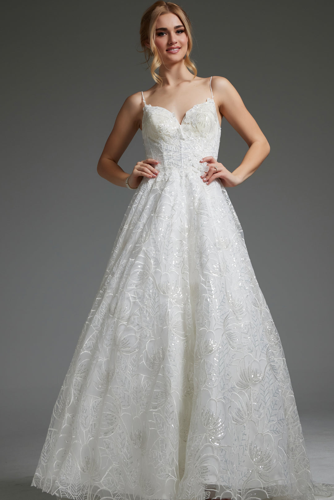 Jovani JB422225 Ivory Embellished Spaghetti Straps Bridal Gown - FOSTANI.com