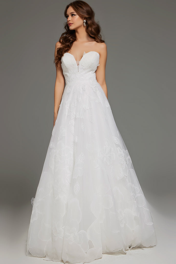 Jovani JB42324 Strapless Floral Applique Wedding Dress with Sweetheart Neckline - FOSTANI.com