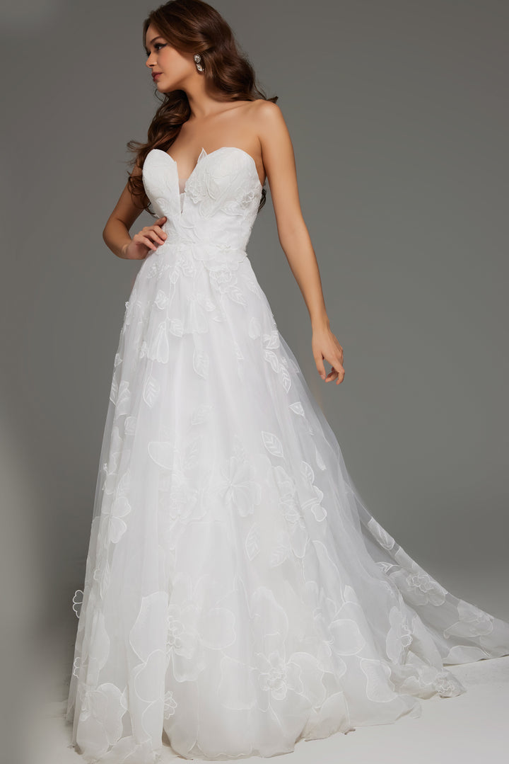 Jovani JB42324 Strapless Floral Applique Wedding Dress with Sweetheart Neckline - FOSTANI.com