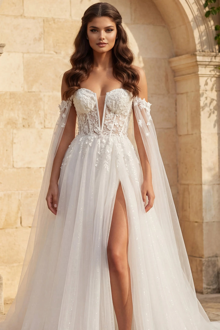 Jovani JB42480 Off the Shoulder Sheer Bridal Gown with Floral Embellishments - FOSTANI.com
