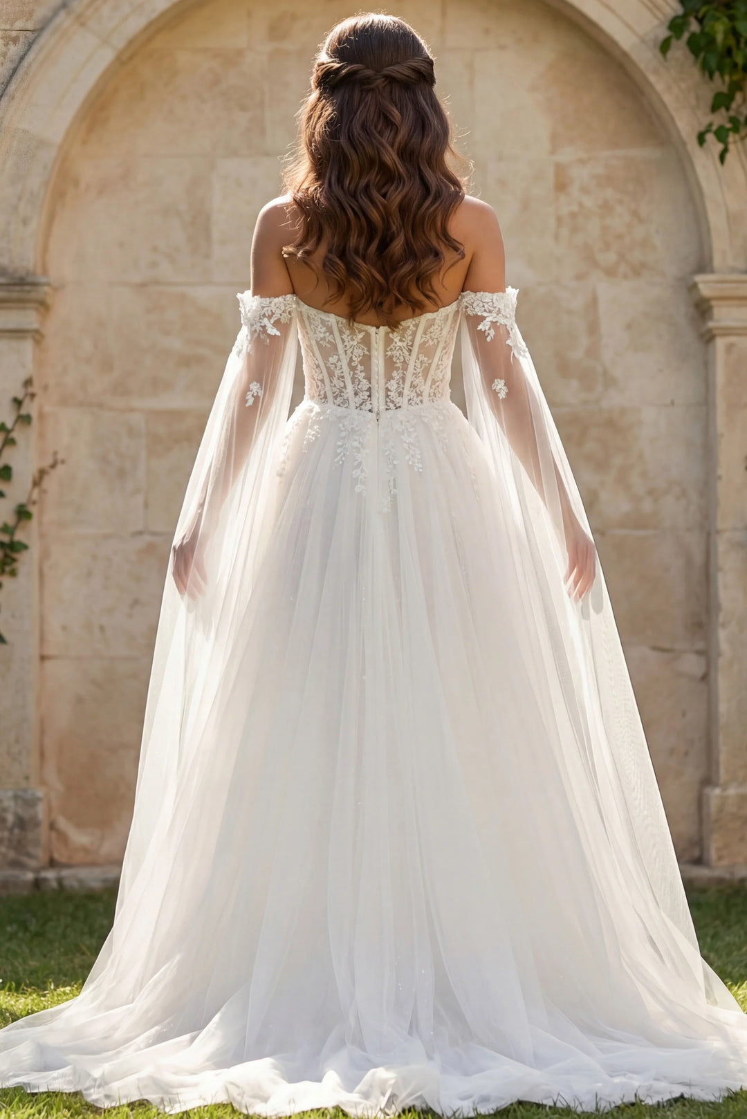 off the shoulder sheer wedding dress Monique Off-Shoulder Long Sleeve A-line Lace Gown