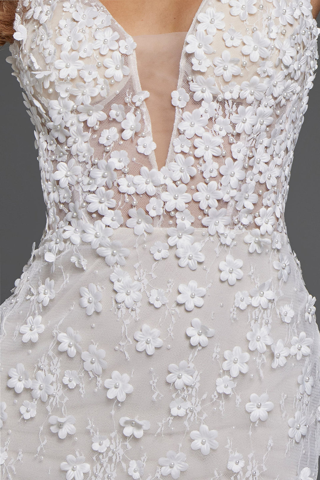Jovani JB42483 Elegant Floral Lace Bridal Gown with Plunging Neckline - FOSTANI.com