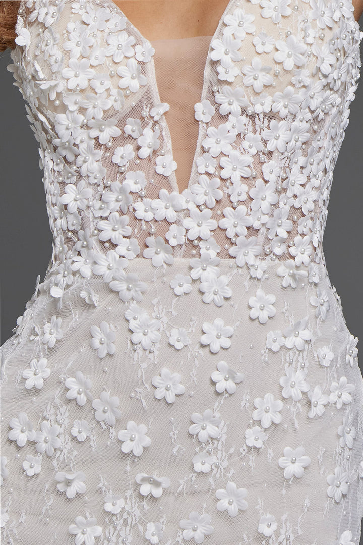 Jovani JB42483 Elegant Floral Lace Bridal Gown with Plunging Neckline - FOSTANI.com
