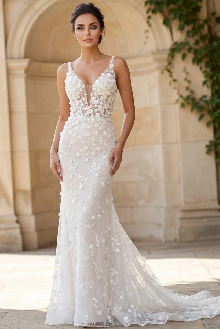 Jovani JB42483 Elegant Floral Lace Bridal Gown with Plunging Neckline - FOSTANI.com