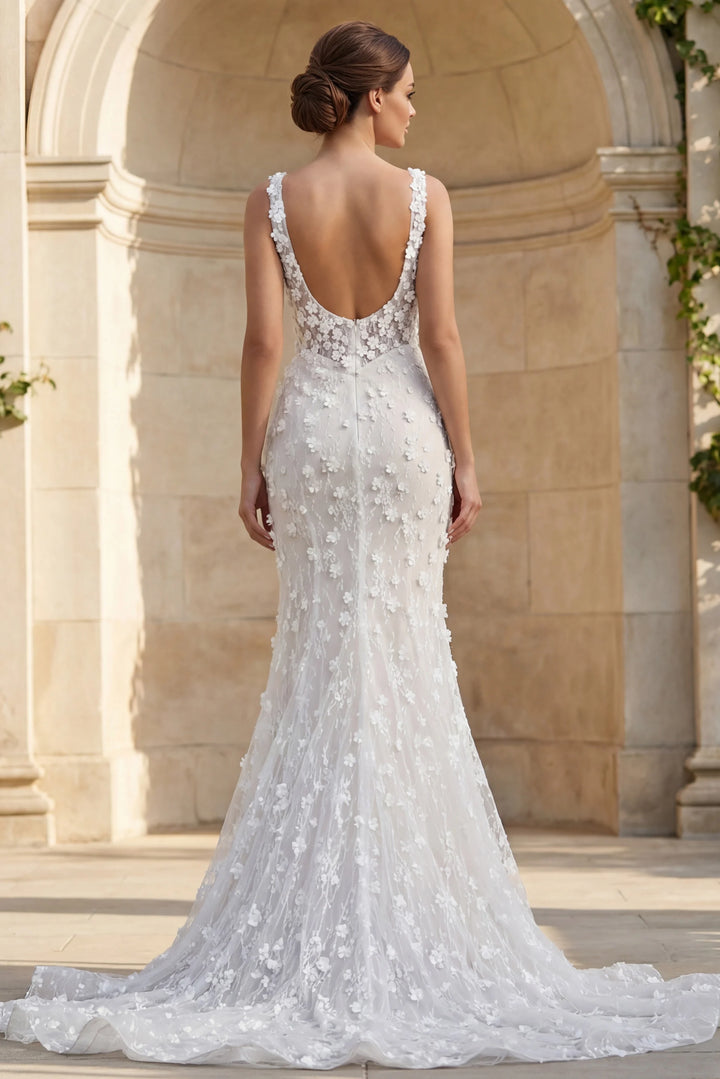 Jovani JB42483 Elegant Floral Lace Bridal Gown with Plunging Neckline - FOSTANI.com