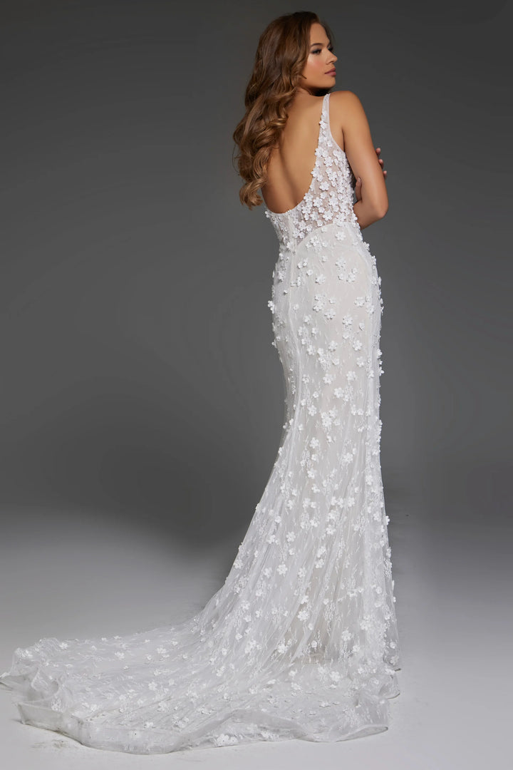 Jovani JB42483 Elegant Floral Lace Bridal Gown with Plunging Neckline - FOSTANI.com