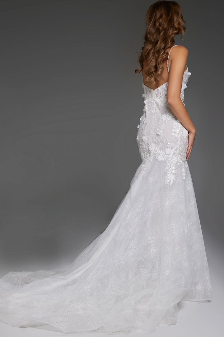 Jovani JB42484 Elegant Mermaid Lace Wedding Dress with Floral Appliqué - FOSTANI.com