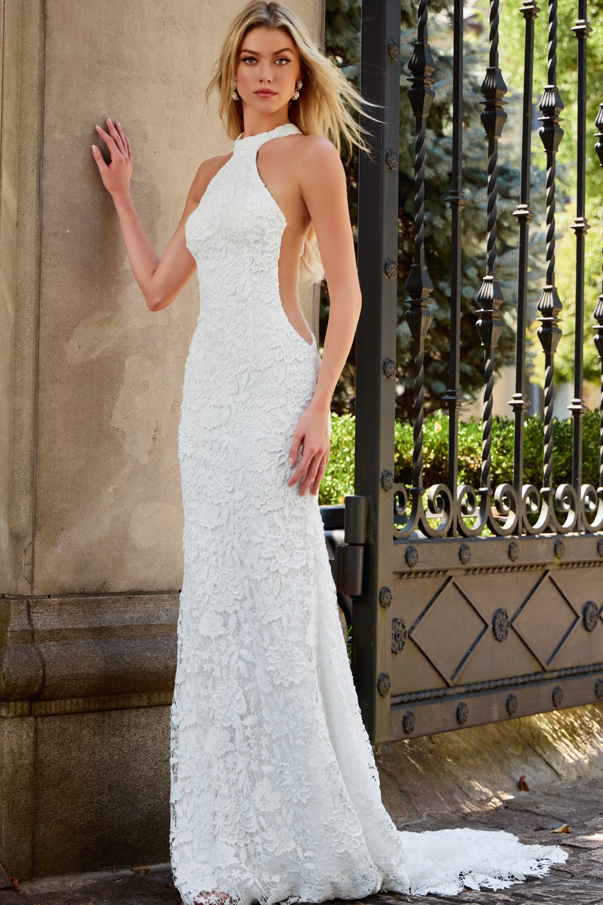 Jovani JB42770 High Halter Sleeveless Floral Lace Bridal Dress, OFF-WHITE / 4