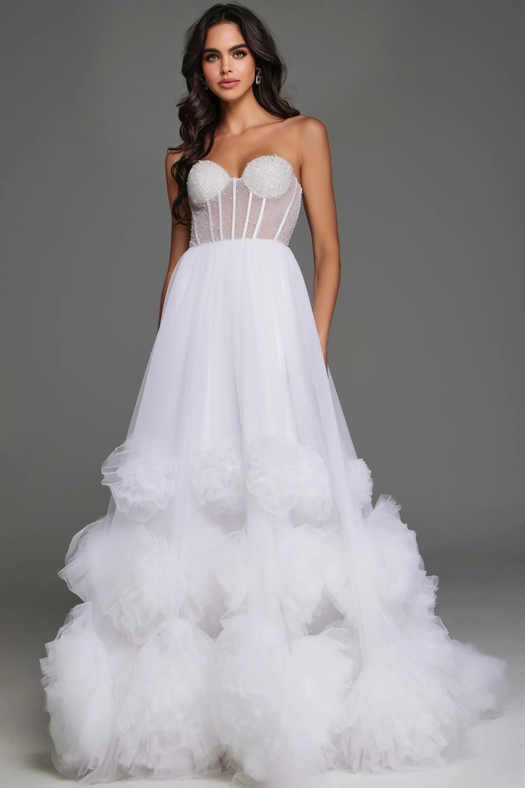 corset ruffle wedding dress Andrea & Leo Couture A1017 Long Layered Prom Dress Pleated Ruffled Ballgown Lace Corset Formal Gown 4 / Paris Blue