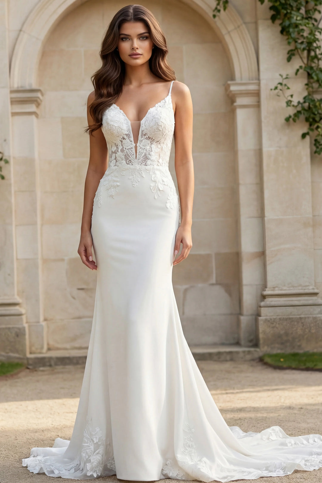 Jovani JB43322 Ivory Bridal Gown with Floral Lace Embellishments - FOSTANI.com