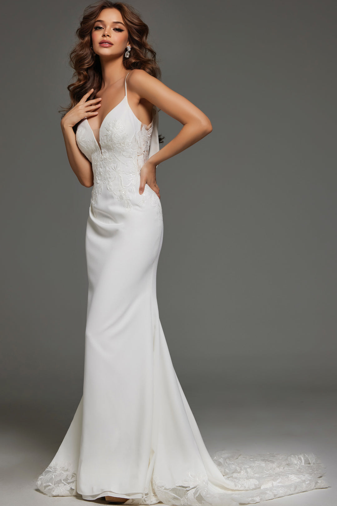 Jovani JB43322 Ivory Bridal Gown with Floral Lace Embellishments - FOSTANI.com