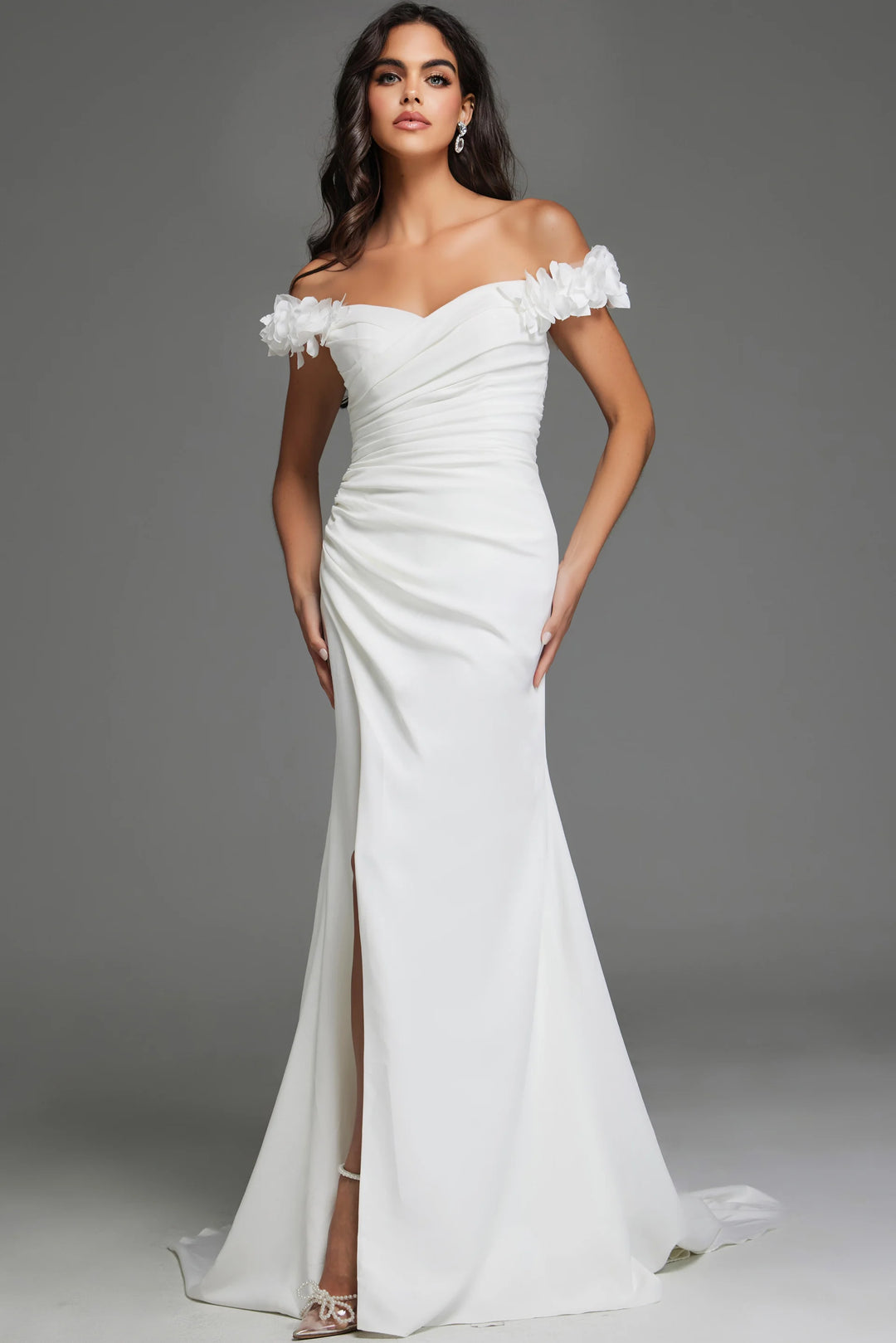 Jovani JB43323 Off the Shoulder Ivory Gown with Floral Straps and Flowing Train - FOSTANI.com