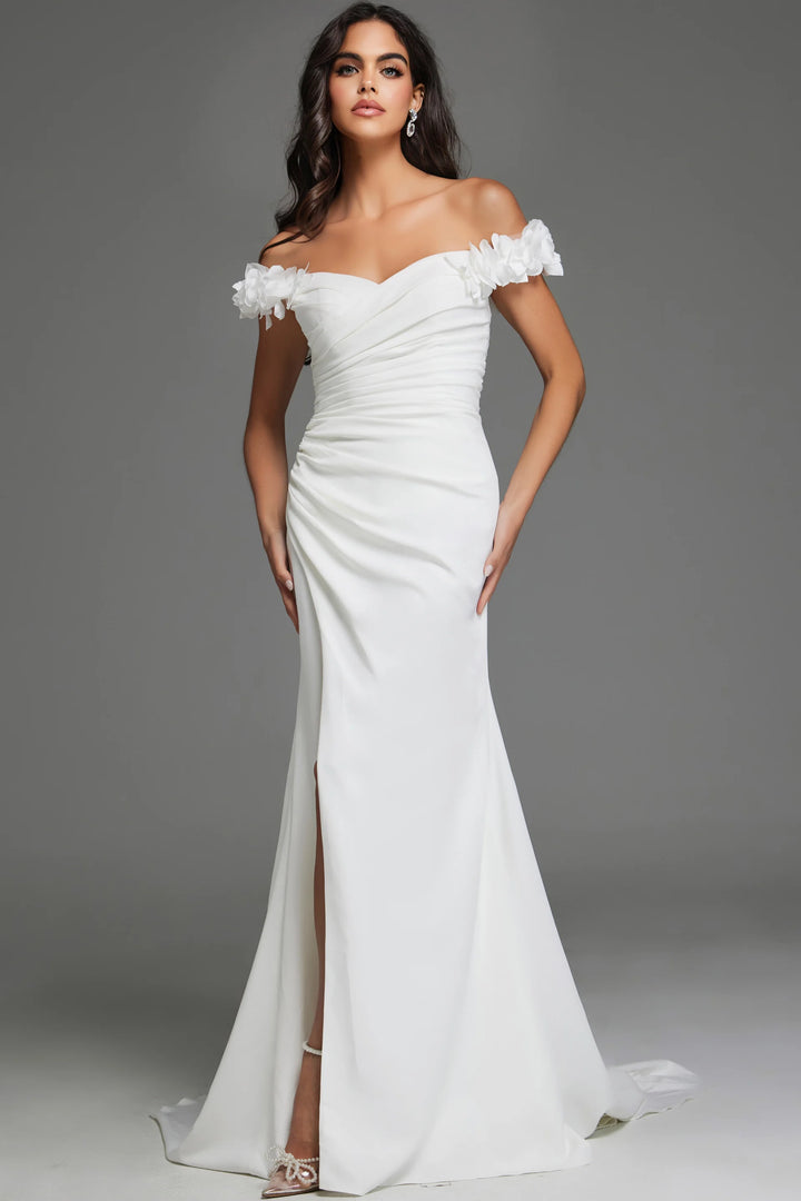 Jovani JB43323 Off the Shoulder Ivory Gown with Floral Straps and Flowing Train - FOSTANI.com