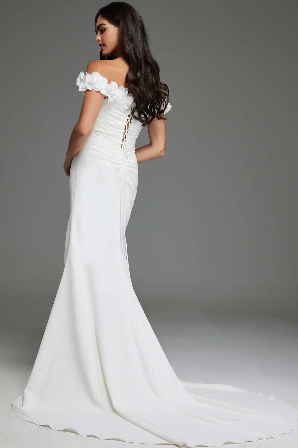 Jovani JB43323 Off the Shoulder Ivory Gown with Floral Straps and Flowing Train - FOSTANI.com