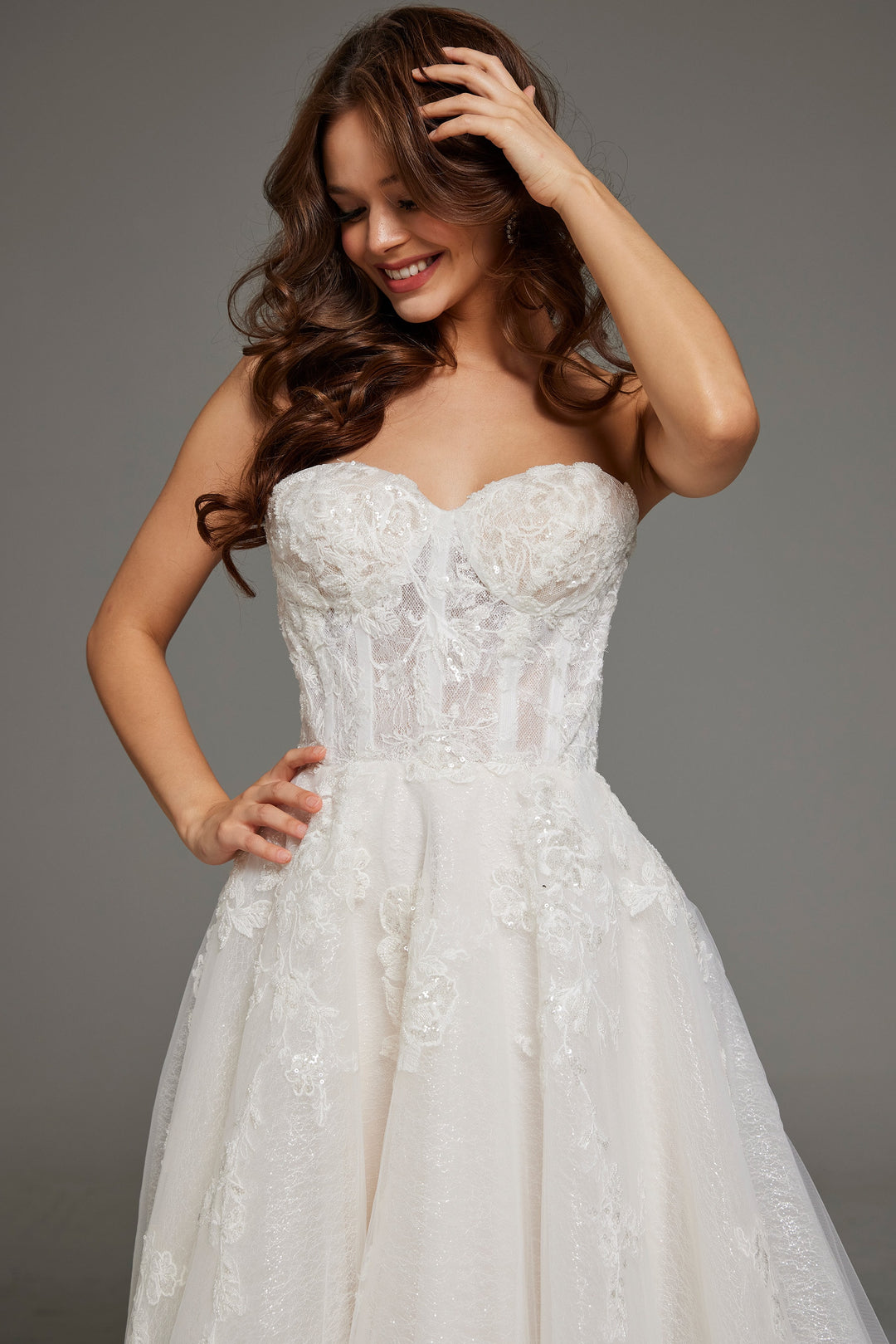 Jovani JB43324 Strapless Lace Ball Gown with Embroidered Floral Appliqués - FOSTANI.com