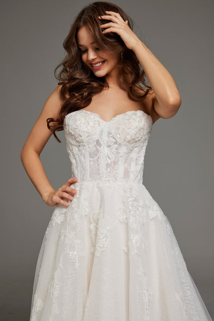 Jovani JB43324 Strapless Lace Ball Gown with Embroidered Floral Appliqués - FOSTANI.com