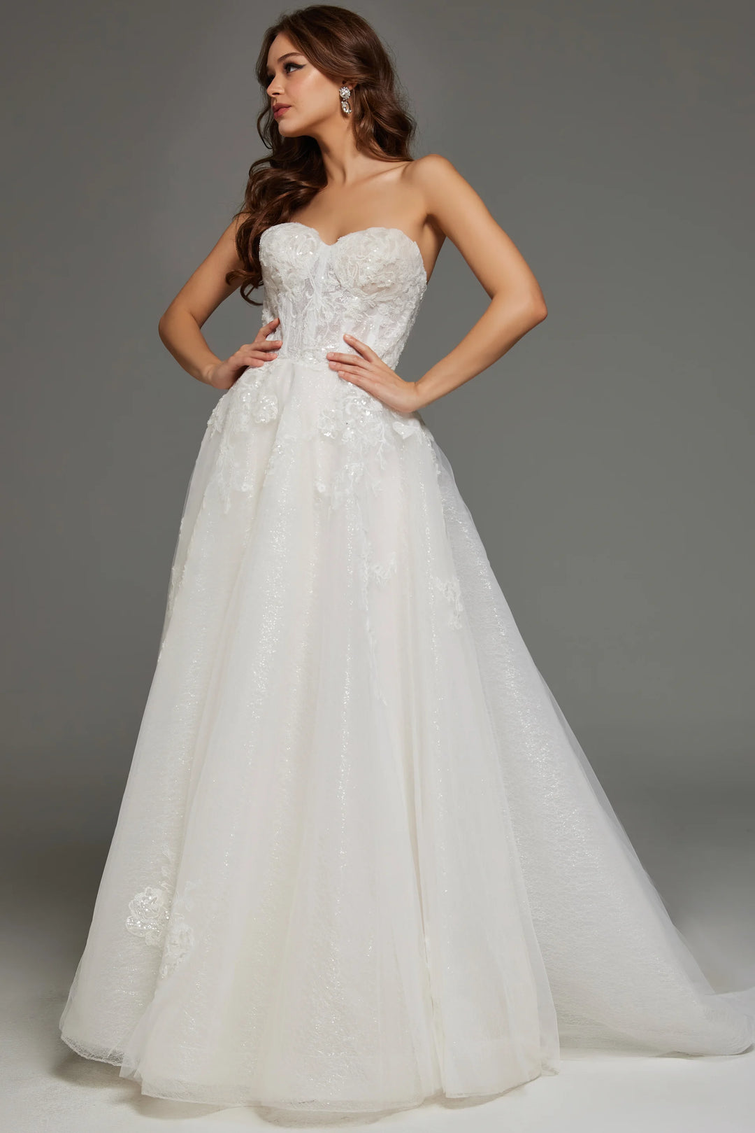 Jovani JB43324 Strapless Lace Ball Gown with Embroidered Floral Appliqués - FOSTANI.com
