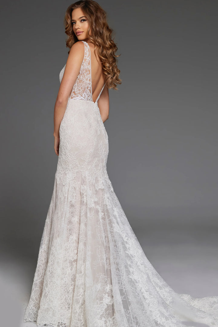 Jovani JB43894 Intricate Lace Wedding Gown with Deep V Neckline and Flowing Train - FOSTANI.com