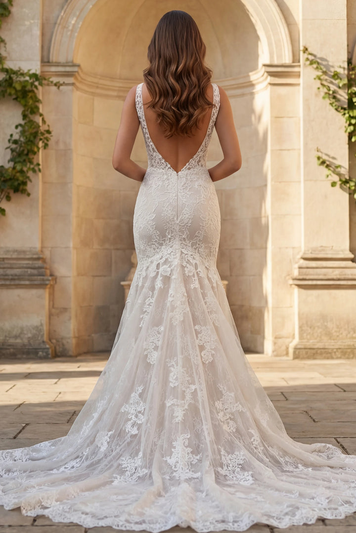 Jovani JB43894 Intricate Lace Wedding Gown with Deep V Neckline and Flowing Train - FOSTANI.com