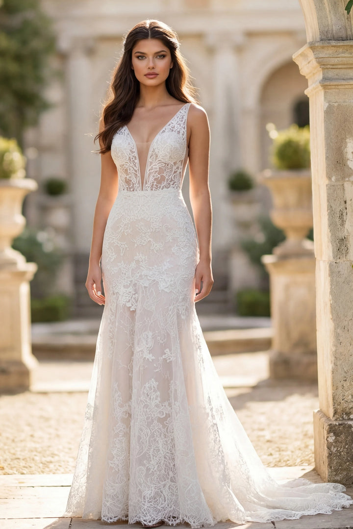 Jovani JB43894 Intricate Lace Wedding Gown with Deep V Neckline and Flowing Train - FOSTANI.com
