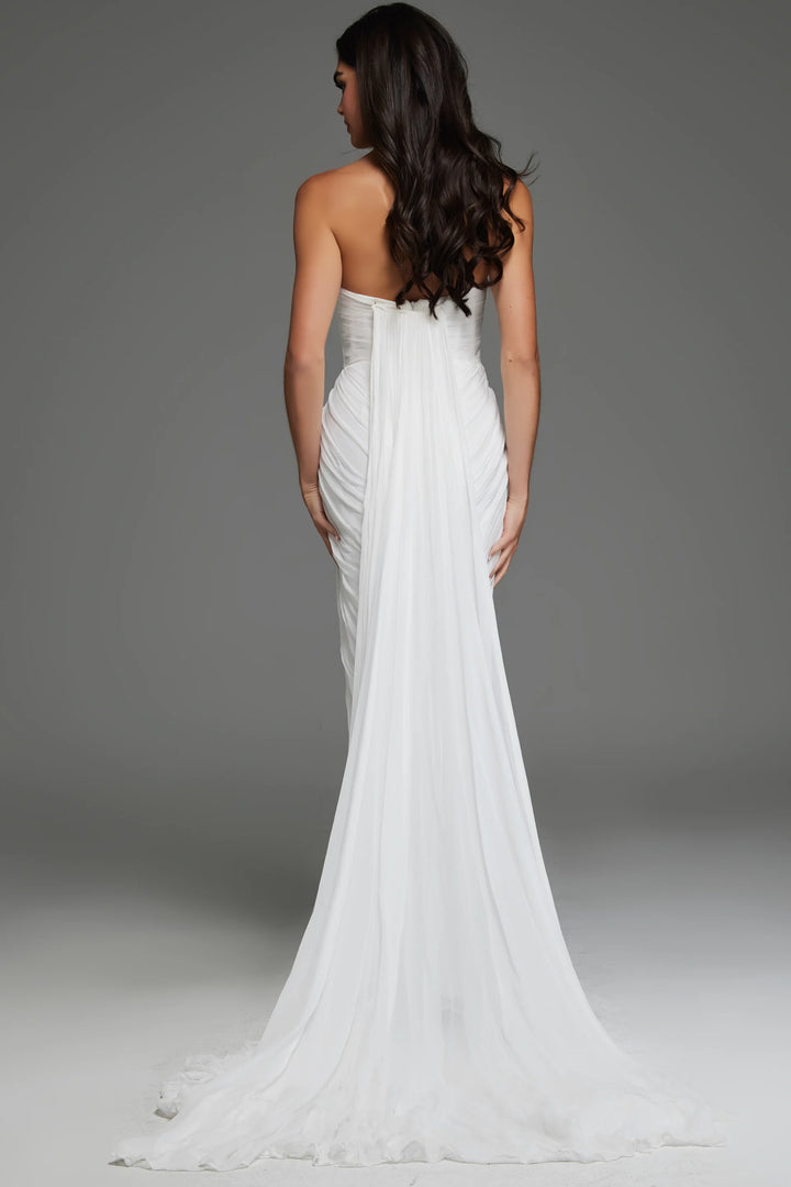 Jovani JB43897 Strapless Draped Bridal Gown with High Slit and Flowing Train