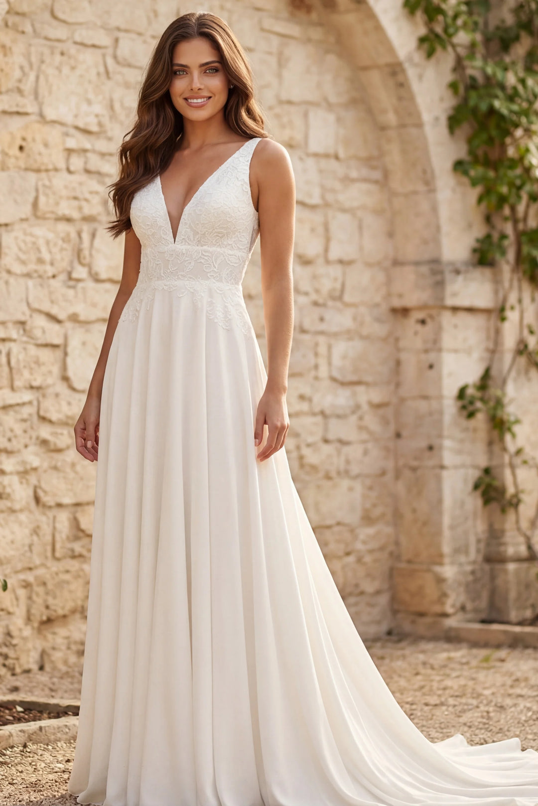 deep v line wedding dress Enchanting A-Line Bridal Gown in Lace and Tulle with a Deep V-Neckline