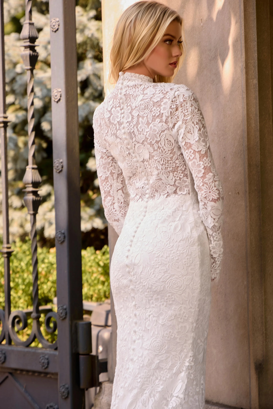 Jovani JB45767 High Neck Lace Wedding Dress Sheath Gown