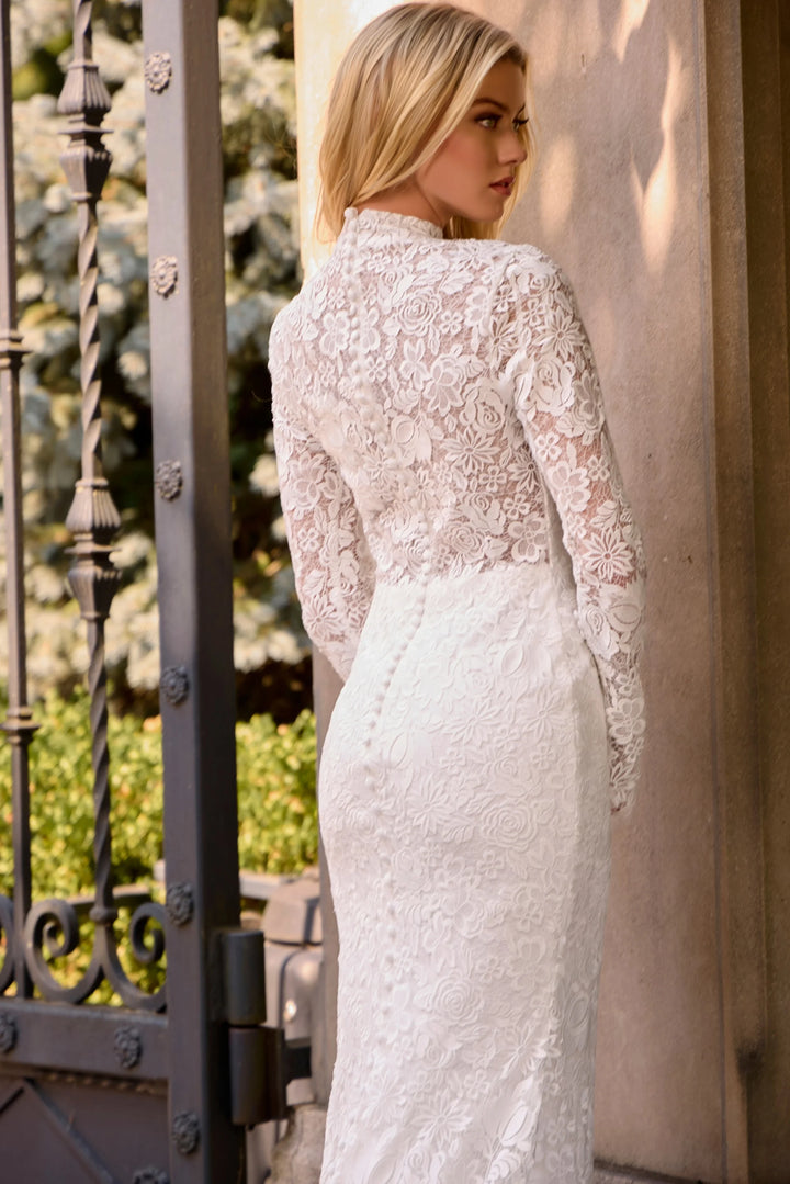 Jovani JB45767 High Neck Lace Wedding Dress Sheath Gown