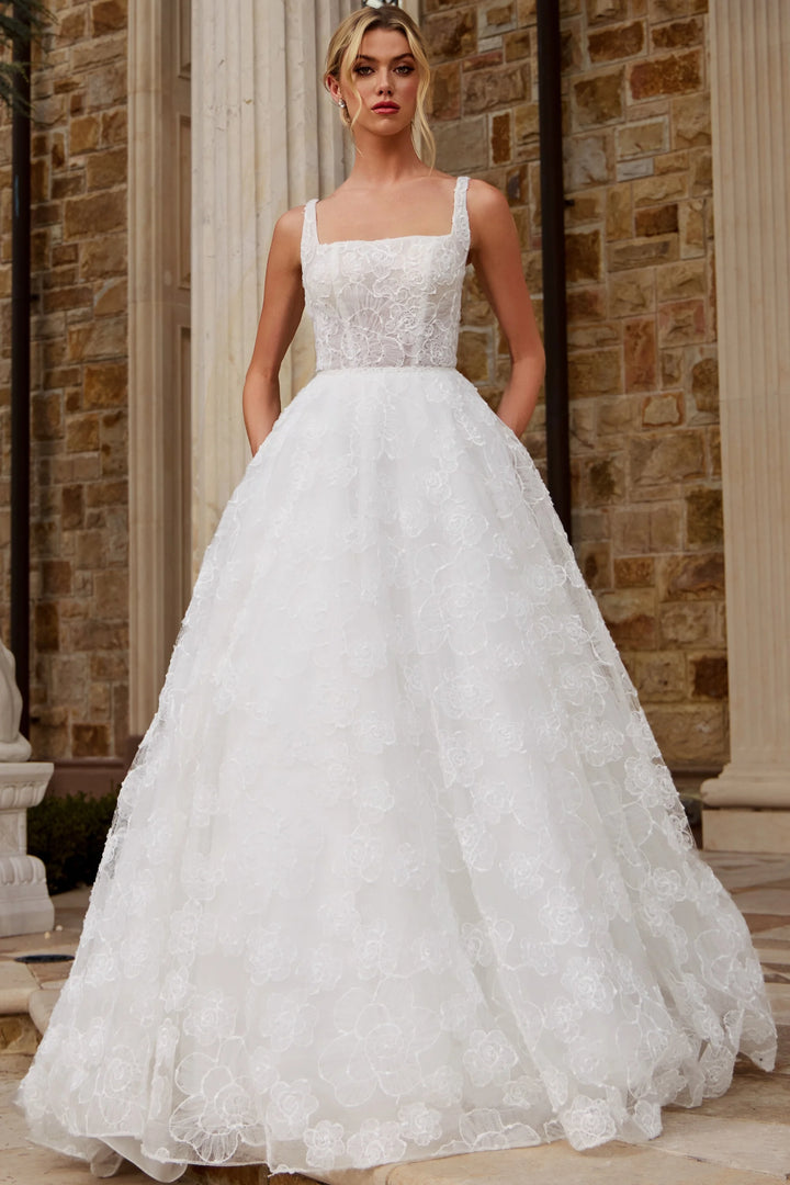 Jovani JB45834 Square Neck Lace Ballgown with Floral Appliqué