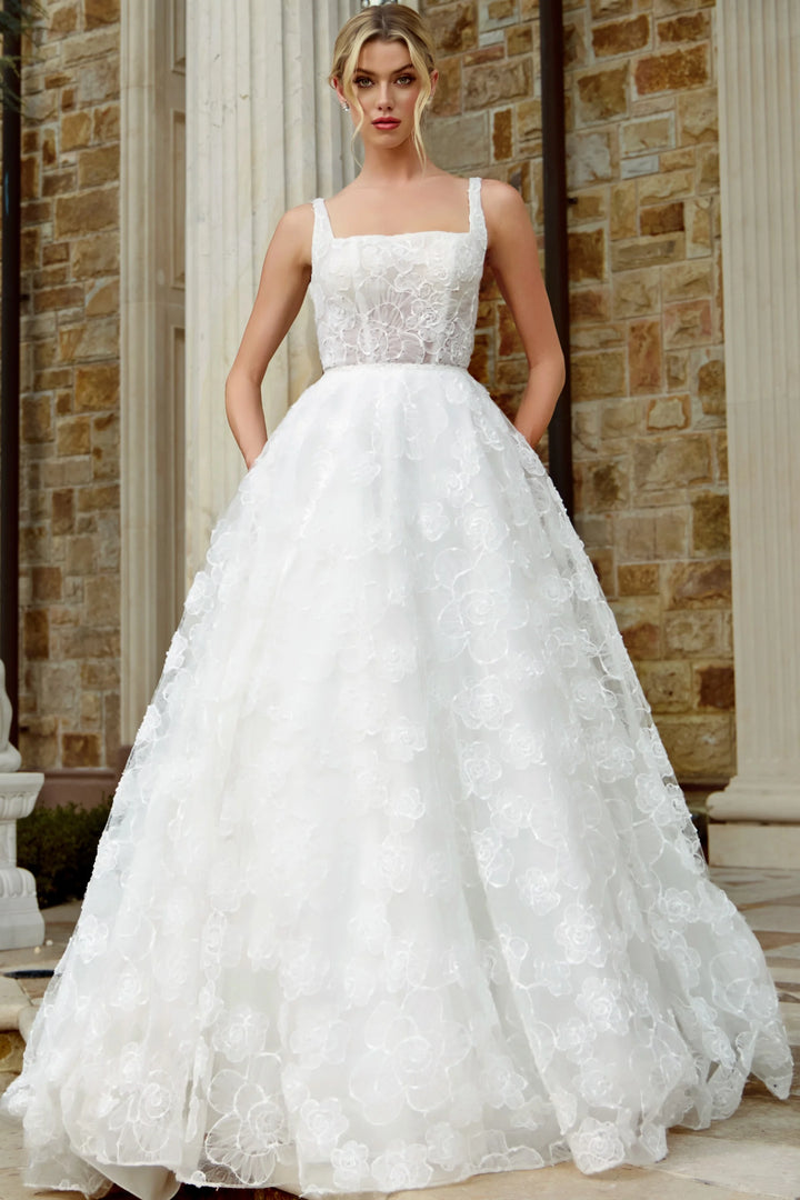 Jovani JB45834 Square Neck Lace Ballgown with Floral Appliqué