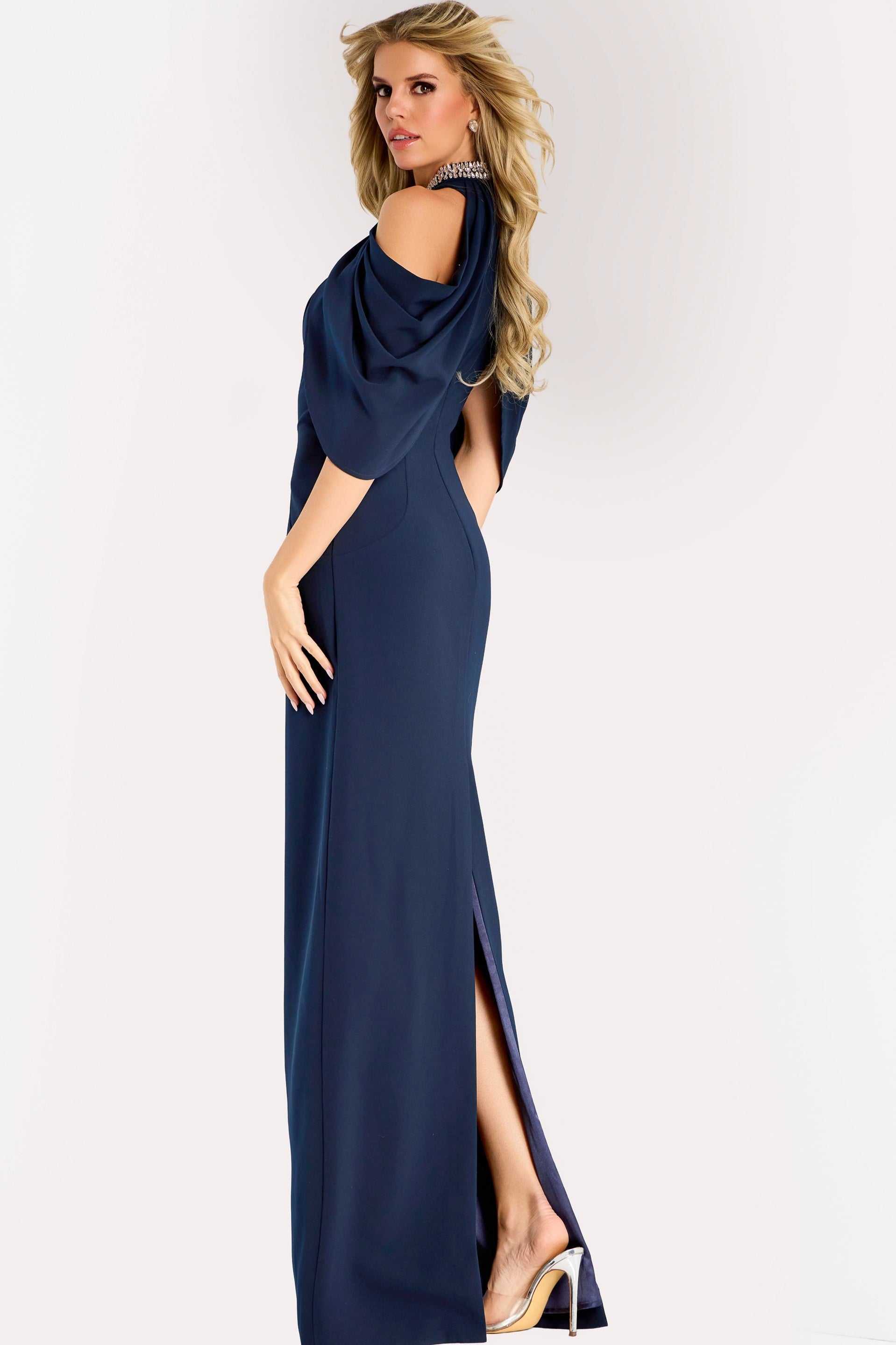 jovani navy blue mother of the bride dress Jovani 59993 Scuba Off the Shoulder Bell Sleeves Mother of the Bride Dress
