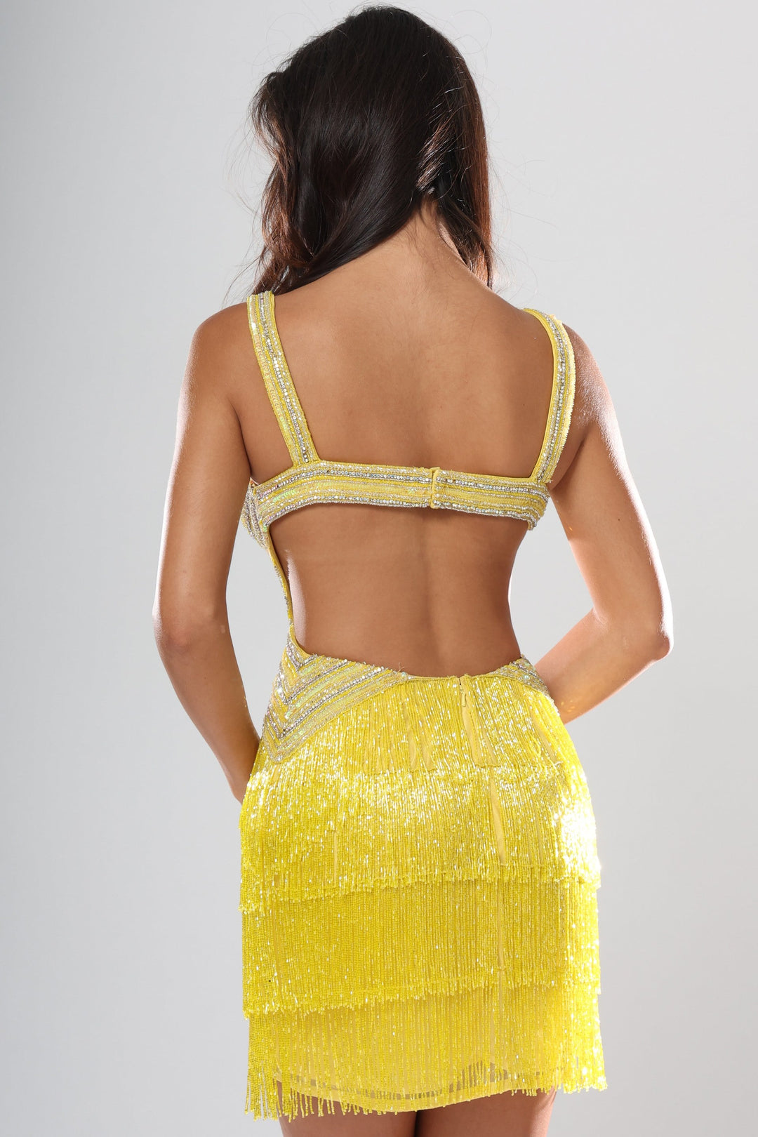Jovani 53565 Beaded Fringe V Neck Mini Dress