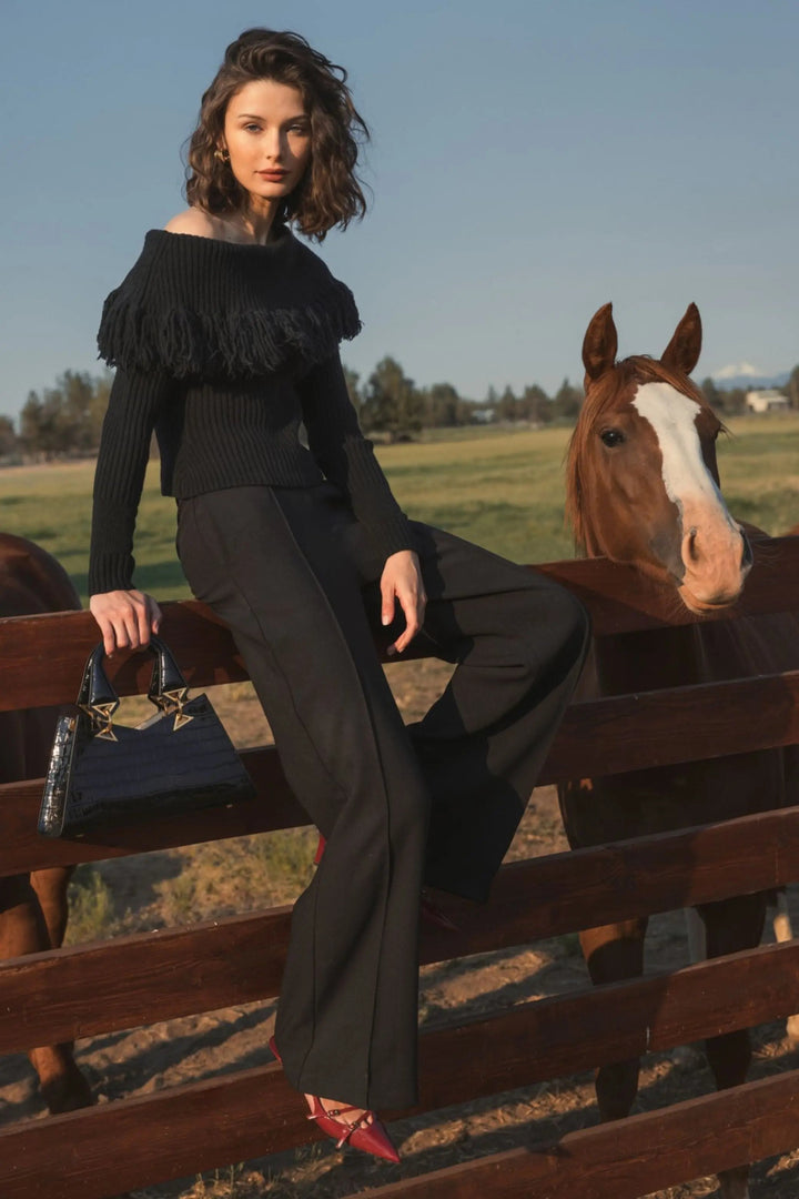 Mac Duggal K10025 Off The Shoulder Fringe Knit Sweater