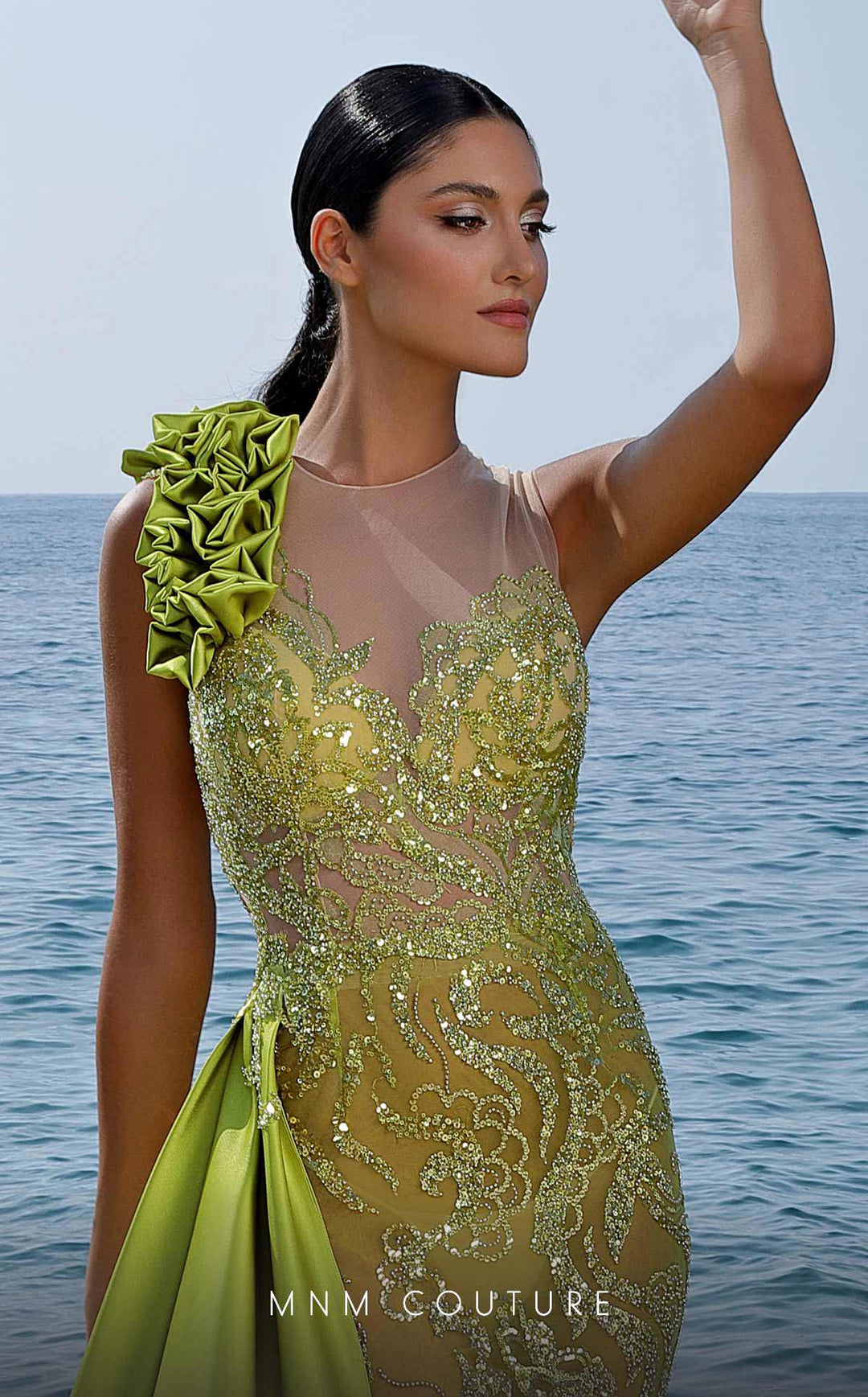 MNM Couture K3994 Illusion High Neck Beaded Side Cascade Column Evening Gown
