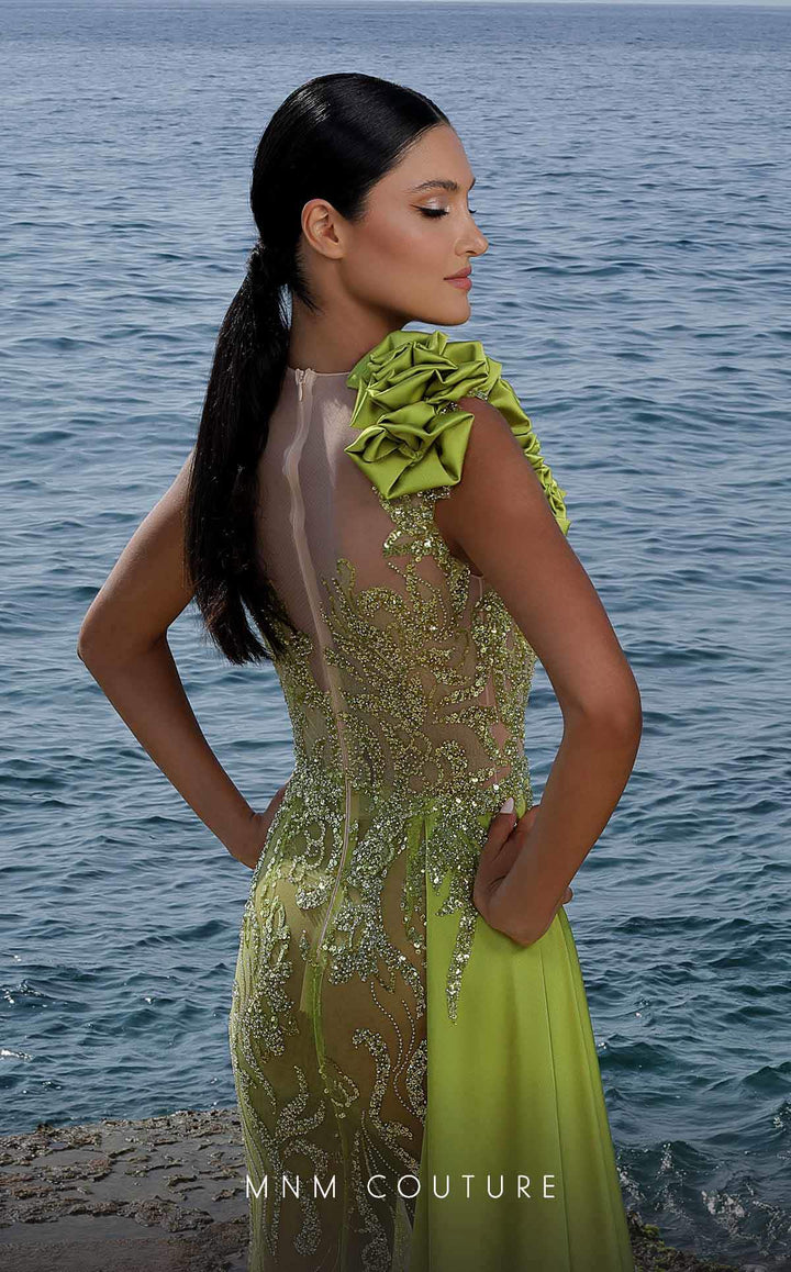 MNM Couture K3994 Illusion High Neck Beaded Side Cascade Column Evening Gown