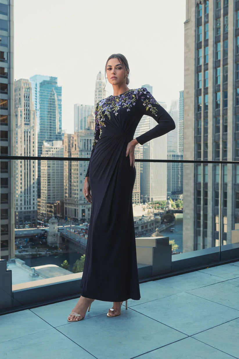 Mac Duggal - Navy Embellished Long Sleeve Fitted Jersey Gown - Midnight / US 6 Mac Duggal - Navy Embellished Long Sleeve Fitted Jersey Gown - Midnight / US 6
