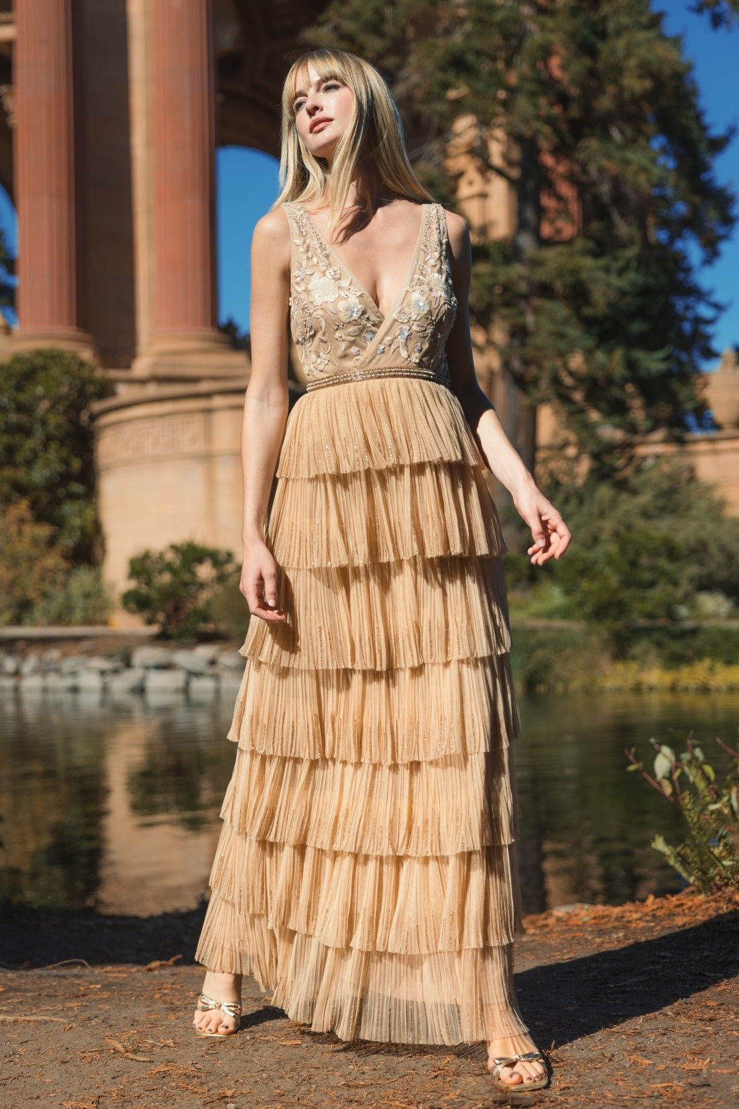Mac Duggal - Beige Beaded Mesh V Neck Gown With Tiered Ruffles - Nude / US 12 Mac Duggal - Beige Beaded Mesh V Neck Gown With Tiered Ruffles - Nude / US 12
